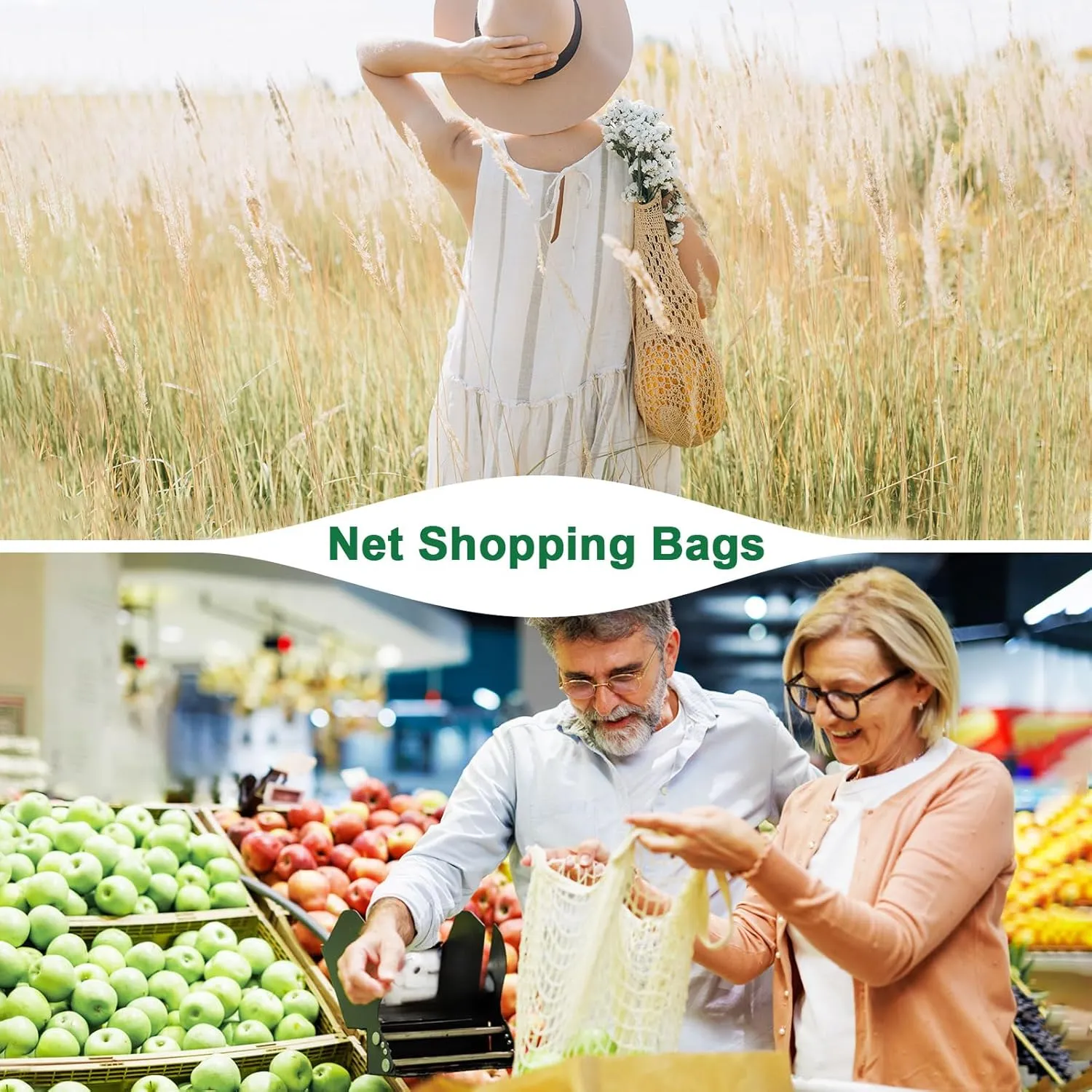 2-Pack Cotton Mesh Bag, Reusable Washable Mesh Net String Grocery Bags, Reusable Produce Bags with Handle, Net Tote Bag for Fruits/Vegetables Shopping [Purple, Long&Short Handle]