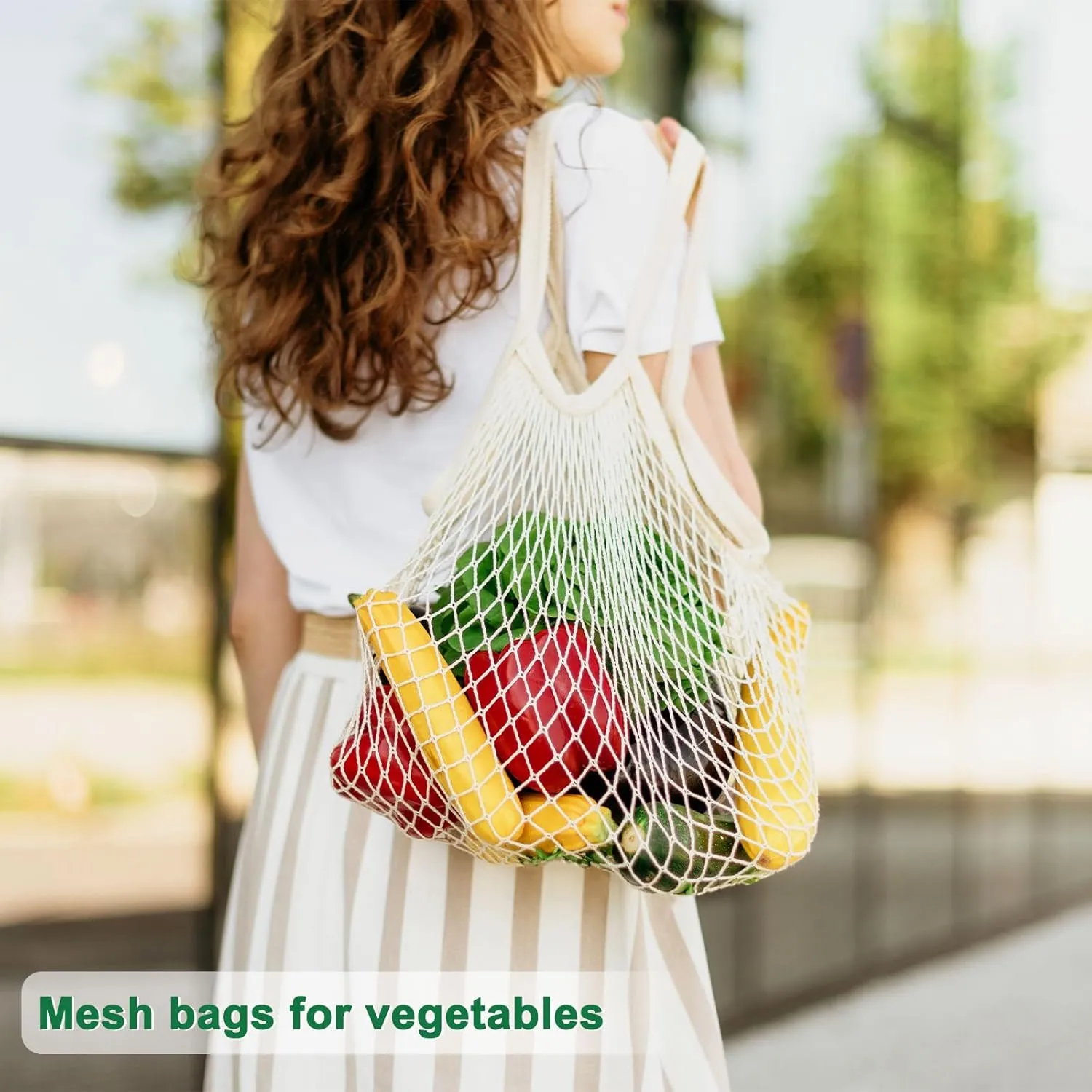 2-Pack Cotton Mesh Bag, Reusable Washable Mesh Net String Grocery Bags, Reusable Produce Bags with Handle, Net Tote Bag for Fruits/Vegetables Shopping [Purple, Long&Short Handle]