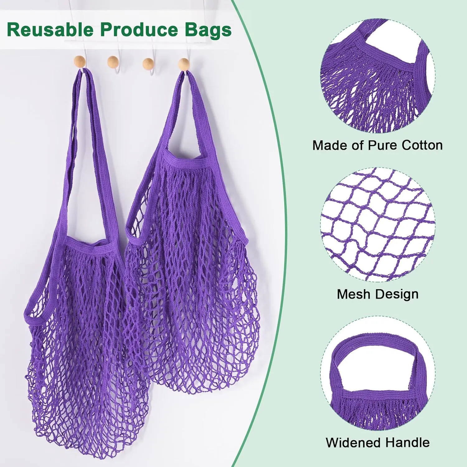 2-Pack Cotton Mesh Bag, Reusable Washable Mesh Net String Grocery Bags, Reusable Produce Bags with Handle, Net Tote Bag for Fruits/Vegetables Shopping [Purple, Long&Short Handle]