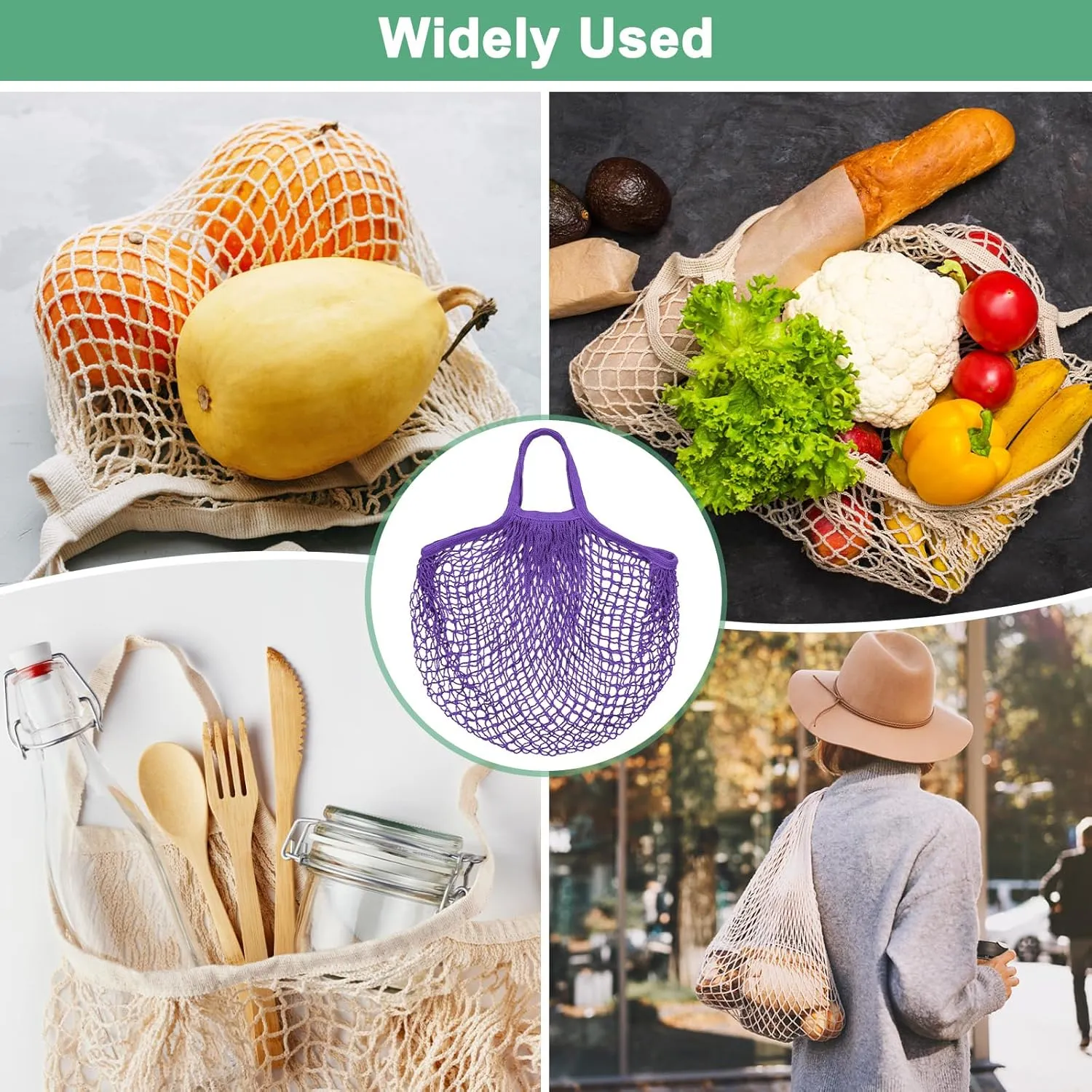 2-Pack Cotton Mesh Bag, Reusable Washable Mesh Net String Grocery Bags, Reusable Produce Bags with Handle, Net Tote Bag for Fruits/Vegetables Shopping [Purple, Long&Short Handle]