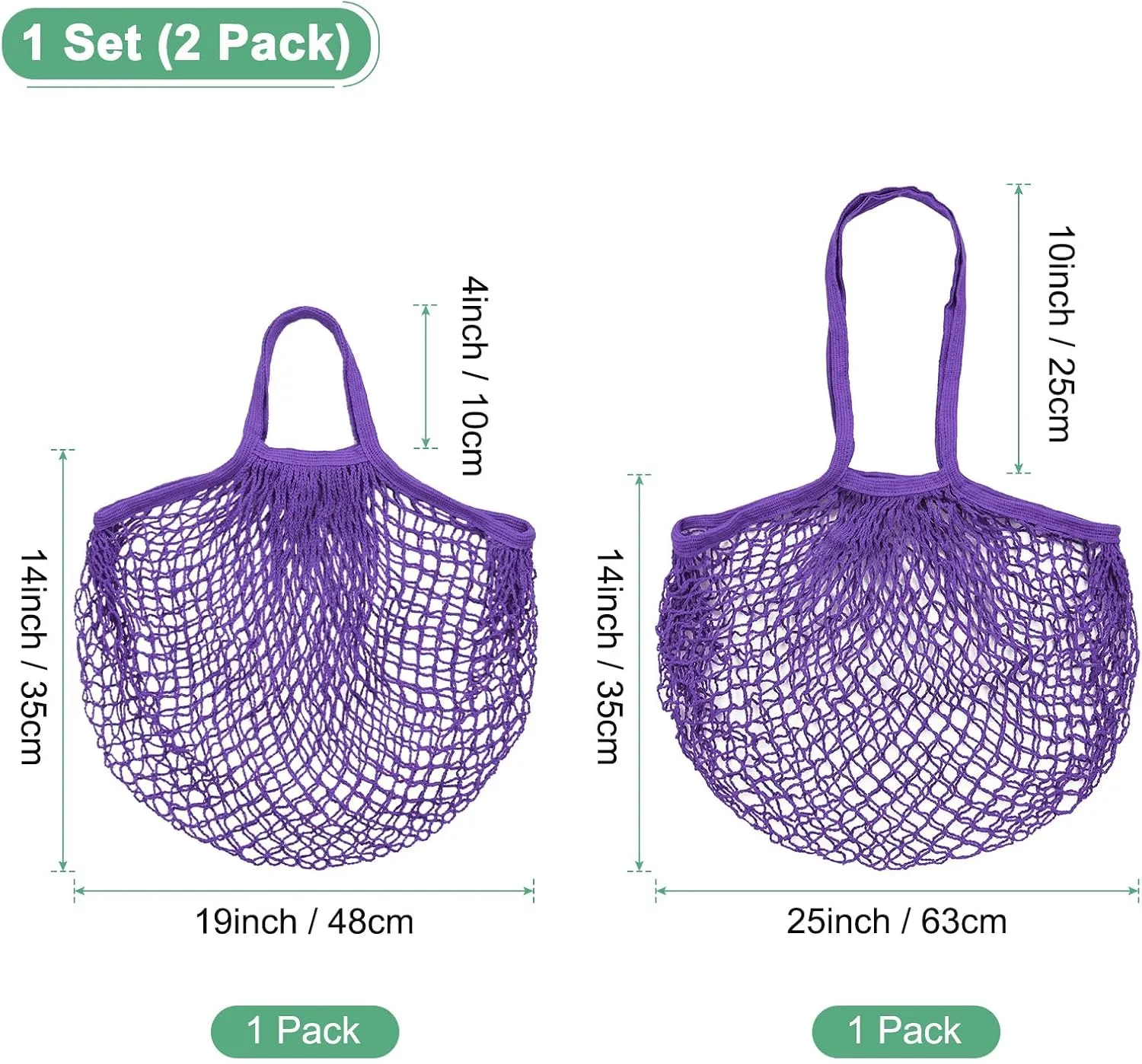 2-Pack Cotton Mesh Bag, Reusable Washable Mesh Net String Grocery Bags, Reusable Produce Bags with Handle, Net Tote Bag for Fruits/Vegetables Shopping [Purple, Long&Short Handle]