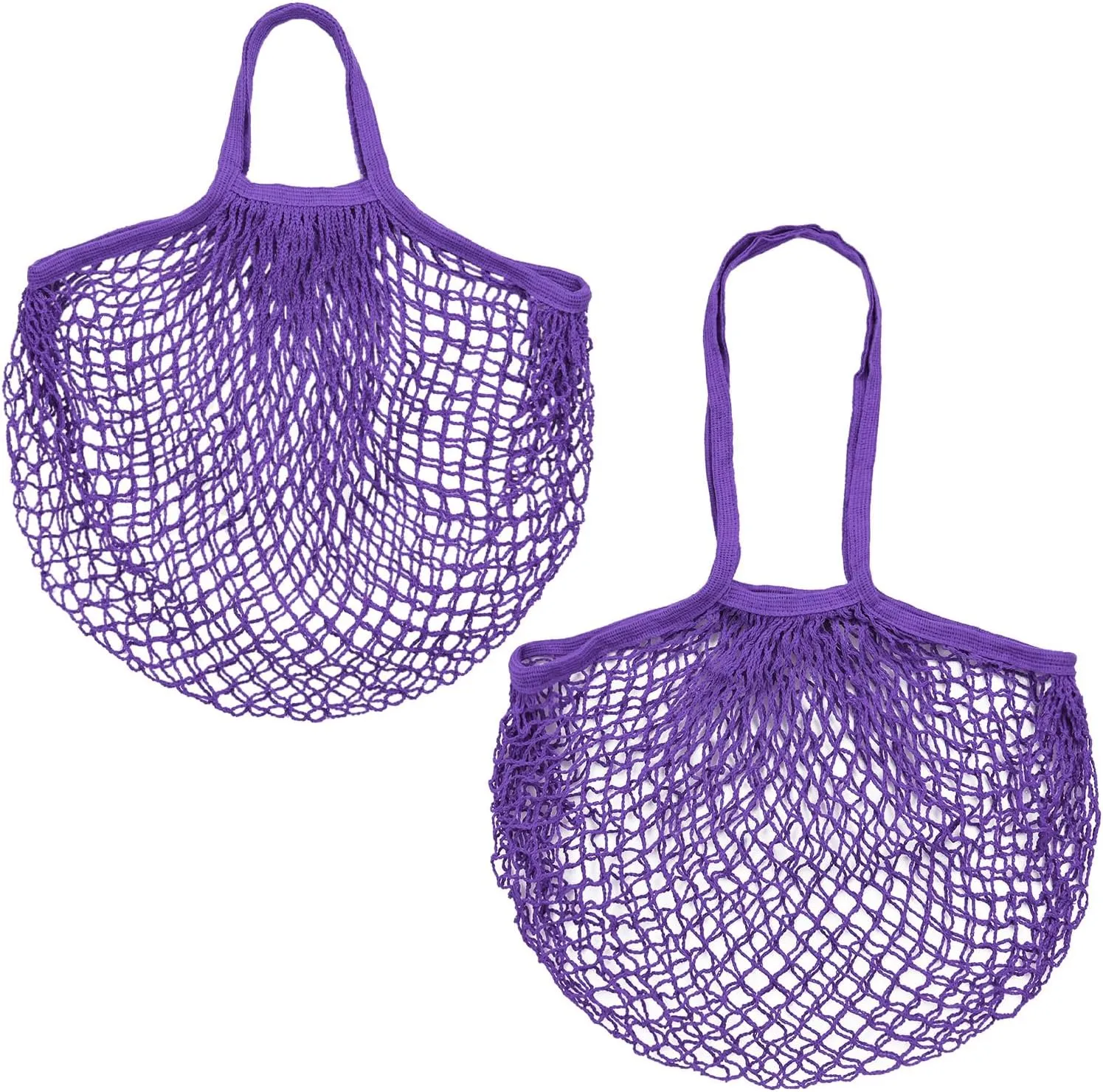 2-Pack Cotton Mesh Bag, Reusable Washable Mesh Net String Grocery Bags, Reusable Produce Bags with Handle, Net Tote Bag for Fruits/Vegetables Shopping [Purple, Long&Short Handle]
