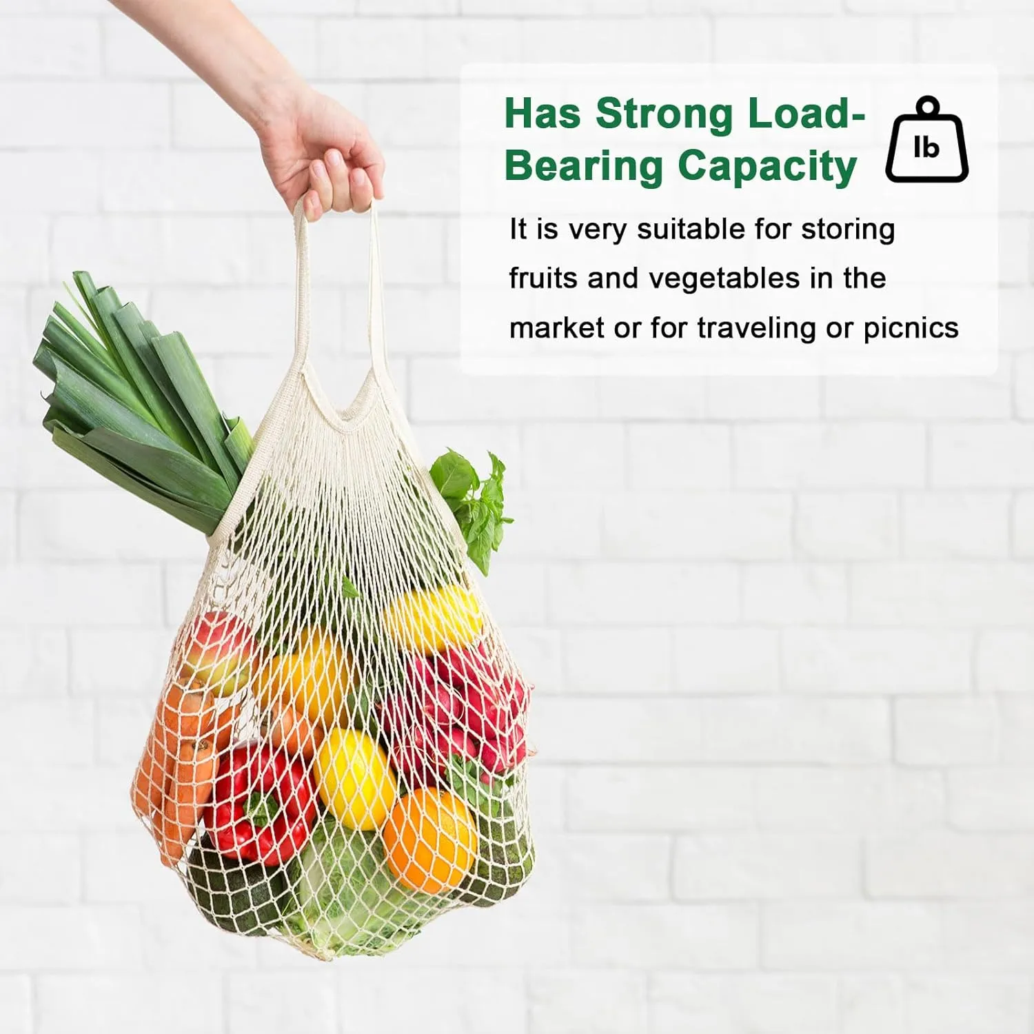 2-Pack Cotton Mesh Bag, Reusable Washable Mesh Net String Grocery Bags, Reusable Produce Bags with Handle, Net Tote Bag for Fruits/Vegetables Shopping [Purple, Long&Short Handle]