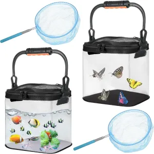 2 Sets Catch and Release Plastic Beach Aquarium Kit,Great Concept for Catching with Retractable Net Bag and Release Clear and Transparent Portable Handheld （Black）