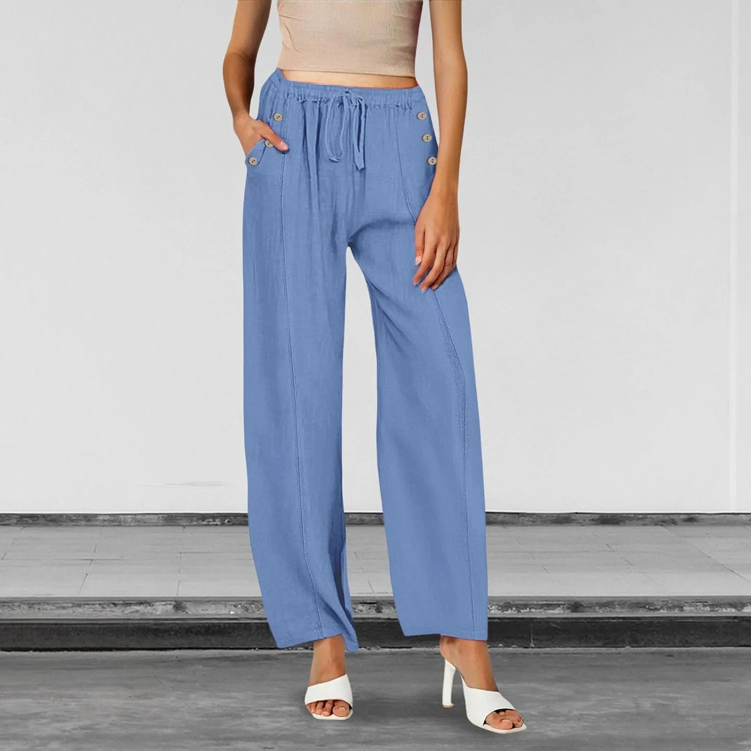 2025 Linen Pants Women Summer Beach Lounge Palazzo Trousers Loose Elastic Plus Size Drawstring with Pockets Pants