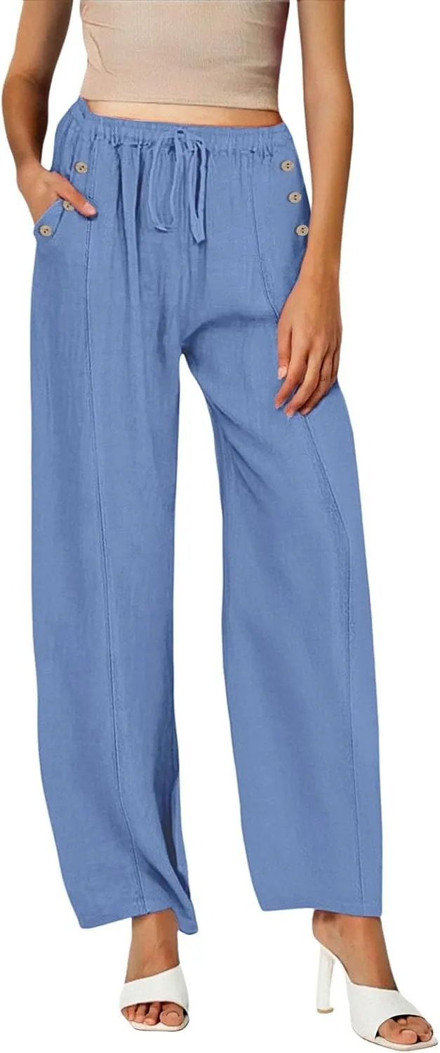 2025 Linen Pants Women Summer Beach Lounge Palazzo Trousers Loose Elastic Plus Size Drawstring with Pockets Pants