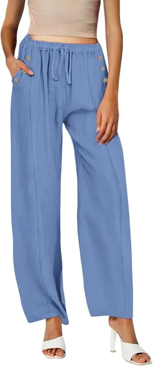 2025 Linen Pants Women Summer Beach Lounge Palazzo Trousers Loose Elastic Plus Size Drawstring with Pockets Pants