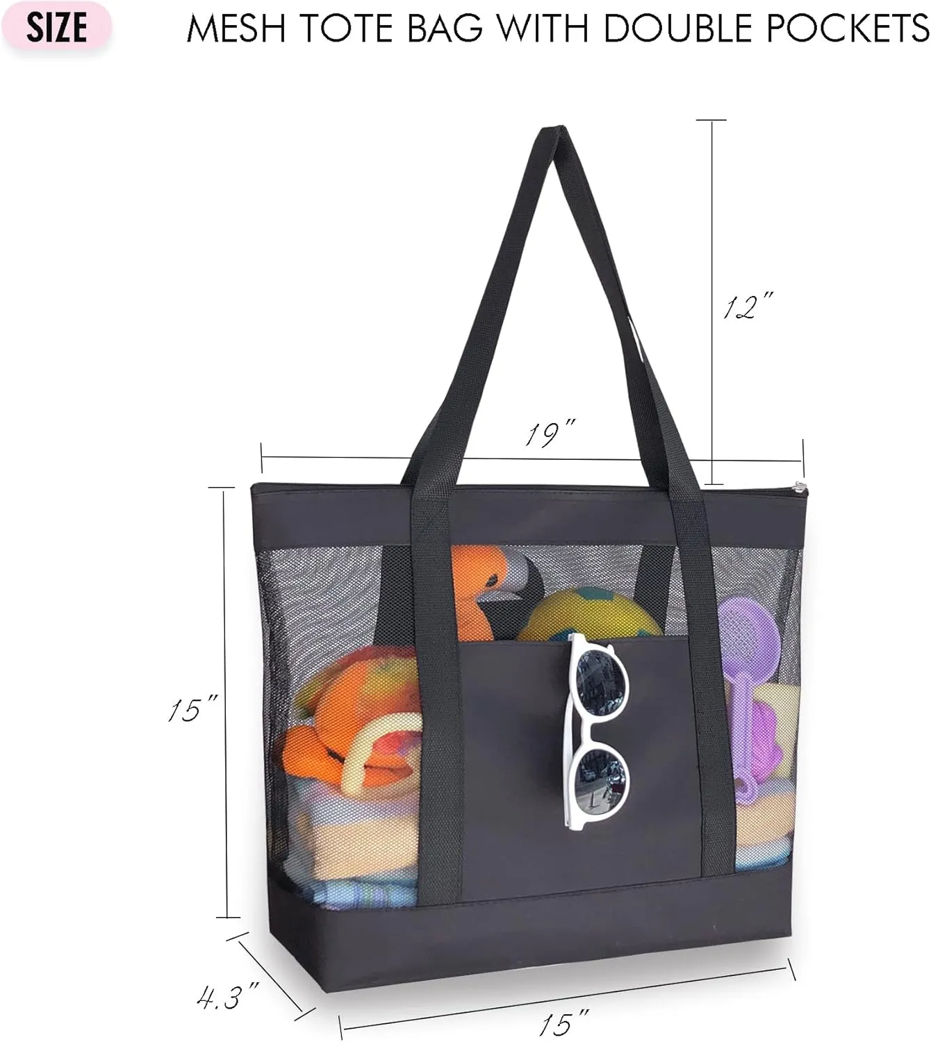 2Pack Lightweight Mesh Tote Bag,Sandproof Beach Bags with Zipper &Double Pocket For Groceries,Poolside,Travel,Towels