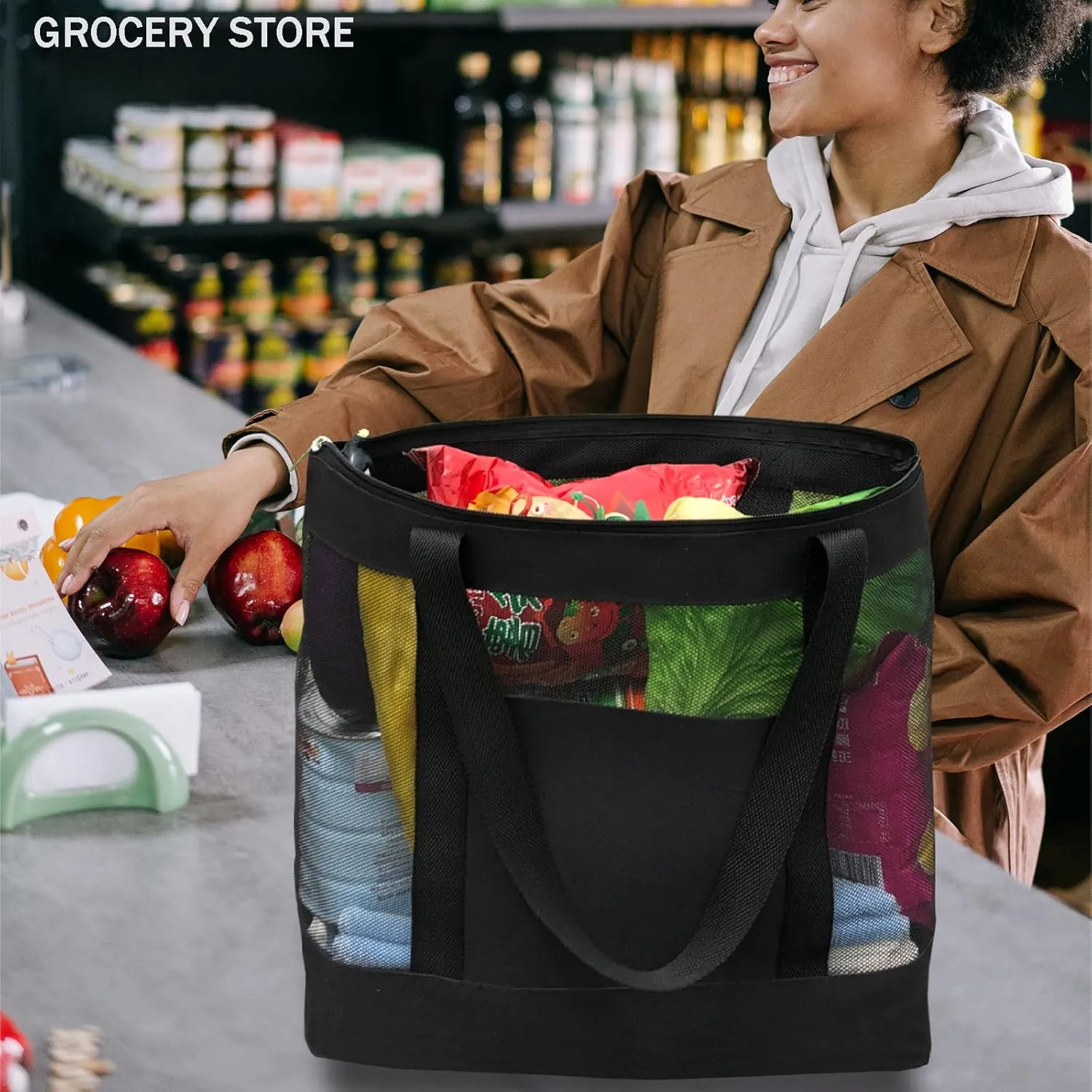 2Pack Lightweight Mesh Tote Bag,Sandproof Beach Bags with Zipper &Double Pocket For Groceries,Poolside,Travel,Towels