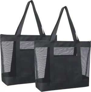 2Pack Lightweight Mesh Tote Bag,Sandproof Beach Bags with Zipper &Double Pocket For Groceries,Poolside,Travel,Towels