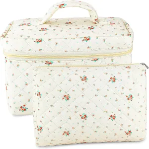 2Pcs Cotton Quilted Makeup Bag for Women Extra Large Small Travel Cosmetic Bag Set Cute Red Floral Print Makeup Pouch Portable Toiletry Bag Organizer Coquette Vintage Puffy Travel Essential
