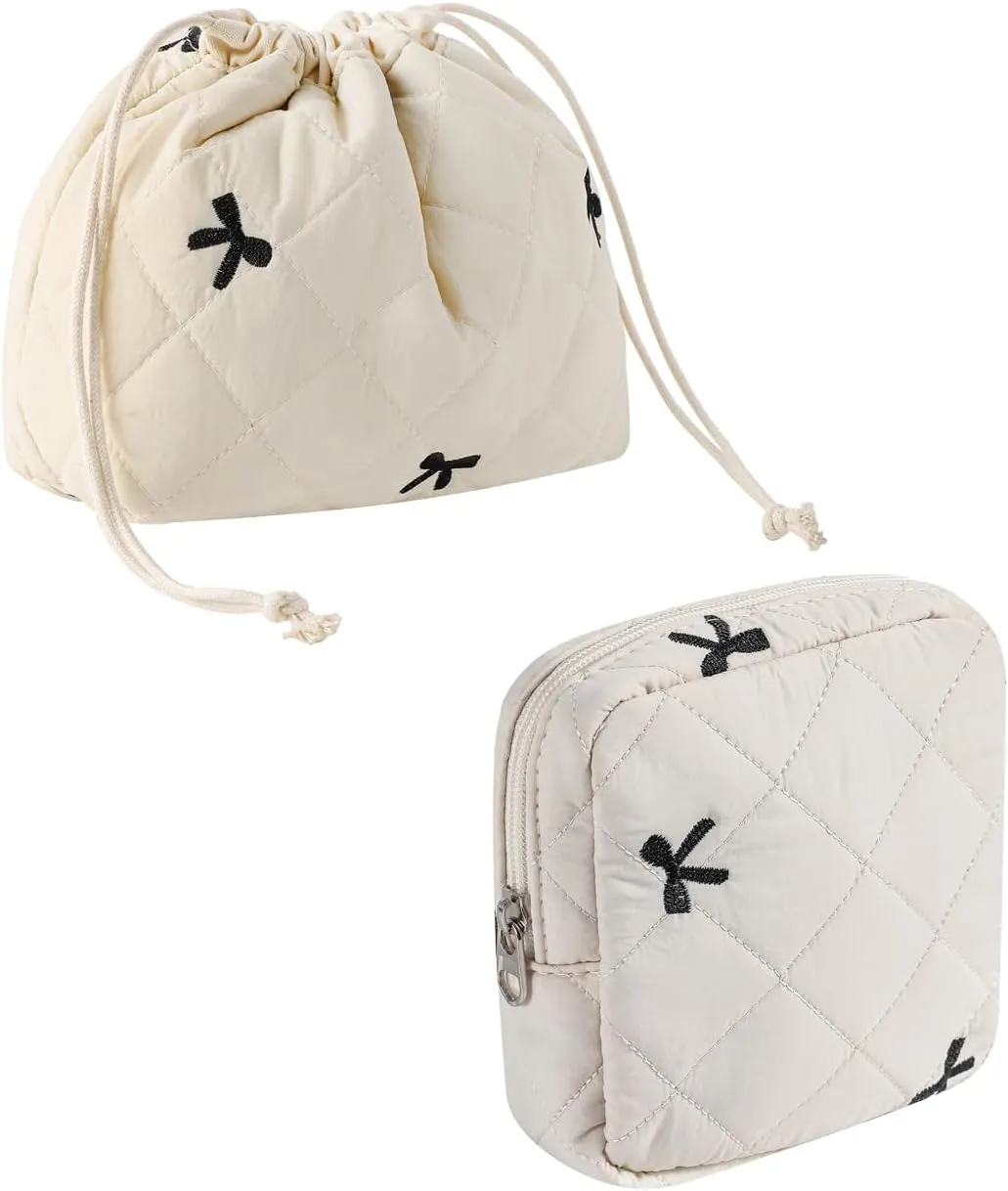 2Pcs Small Cotton Quilted Makeup Bag Set, Cute Coquette Drawstring Cosmetic Bag with Canvas Lining, Aesthetic Travel Organized Toiletry Bags for Purse (01Beige Bows)