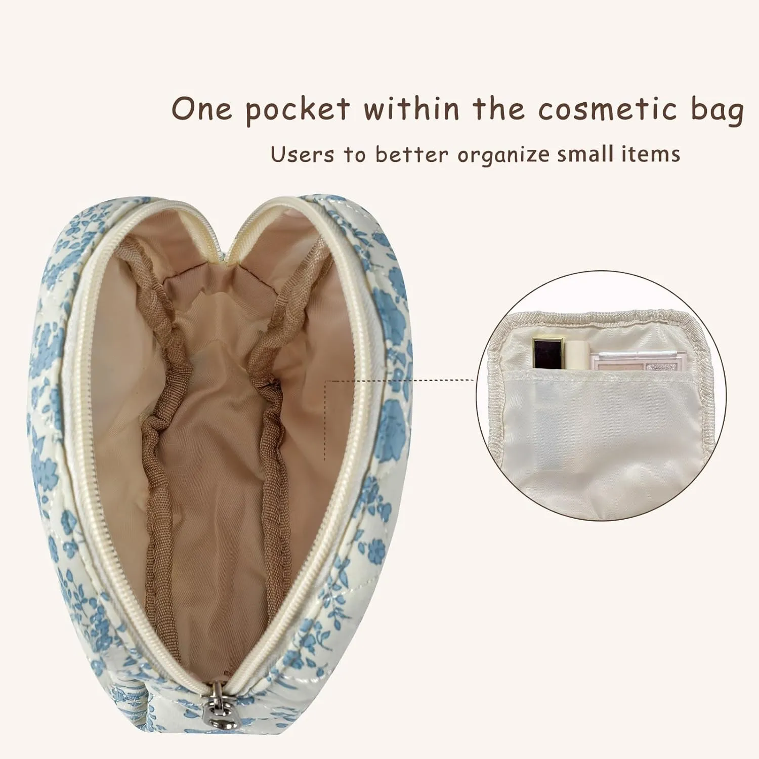 2Pcs Small Cotton Quilted Makeup Bag Set, Cute Coquette Drawstring Cosmetic Bag with Canvas Lining, Aesthetic Travel Organized Toiletry Bags for Purse (01Beige Bows)