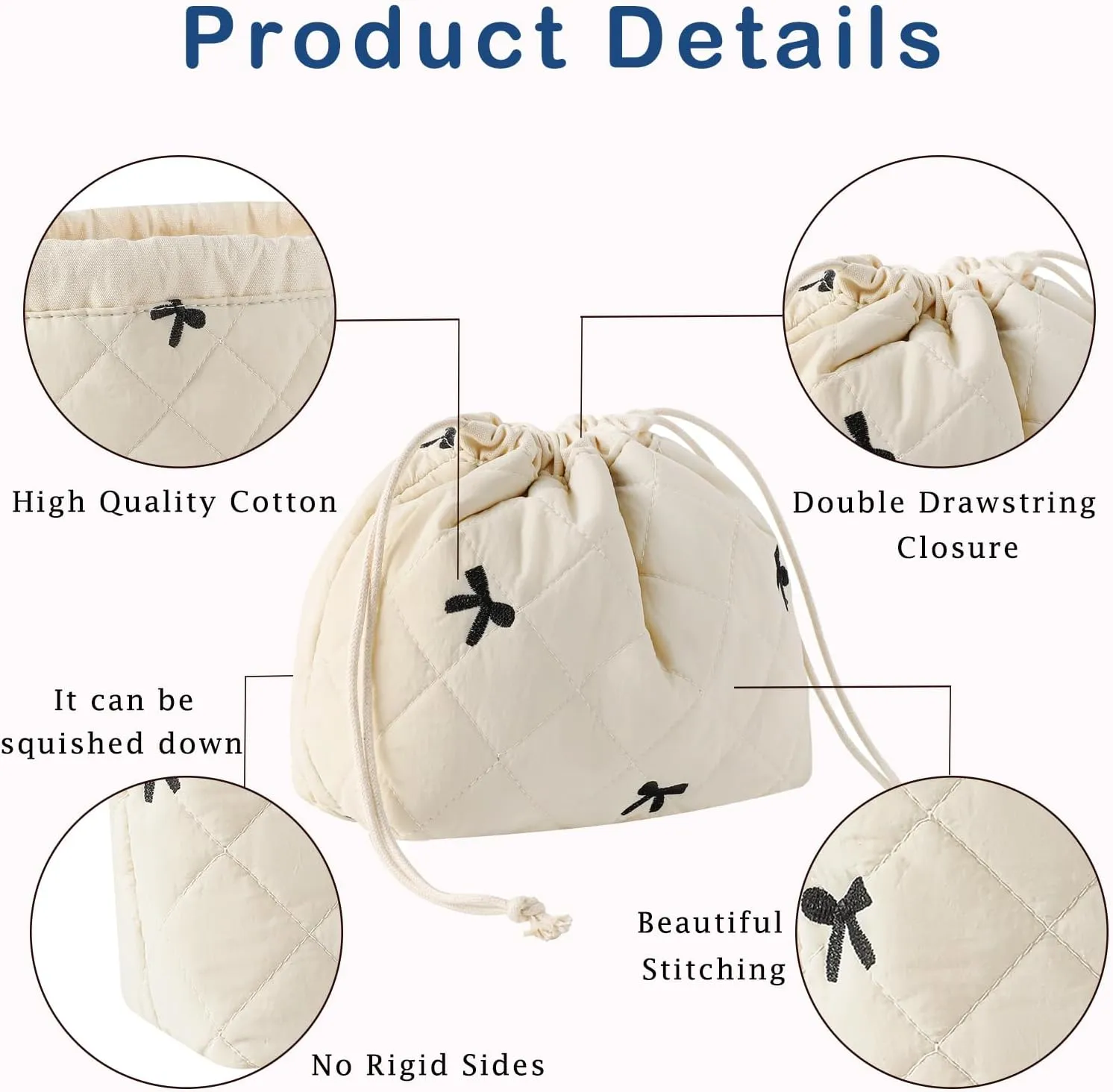 2Pcs Small Cotton Quilted Makeup Bag Set, Cute Coquette Drawstring Cosmetic Bag with Canvas Lining, Aesthetic Travel Organized Toiletry Bags for Purse (01Beige Bows)