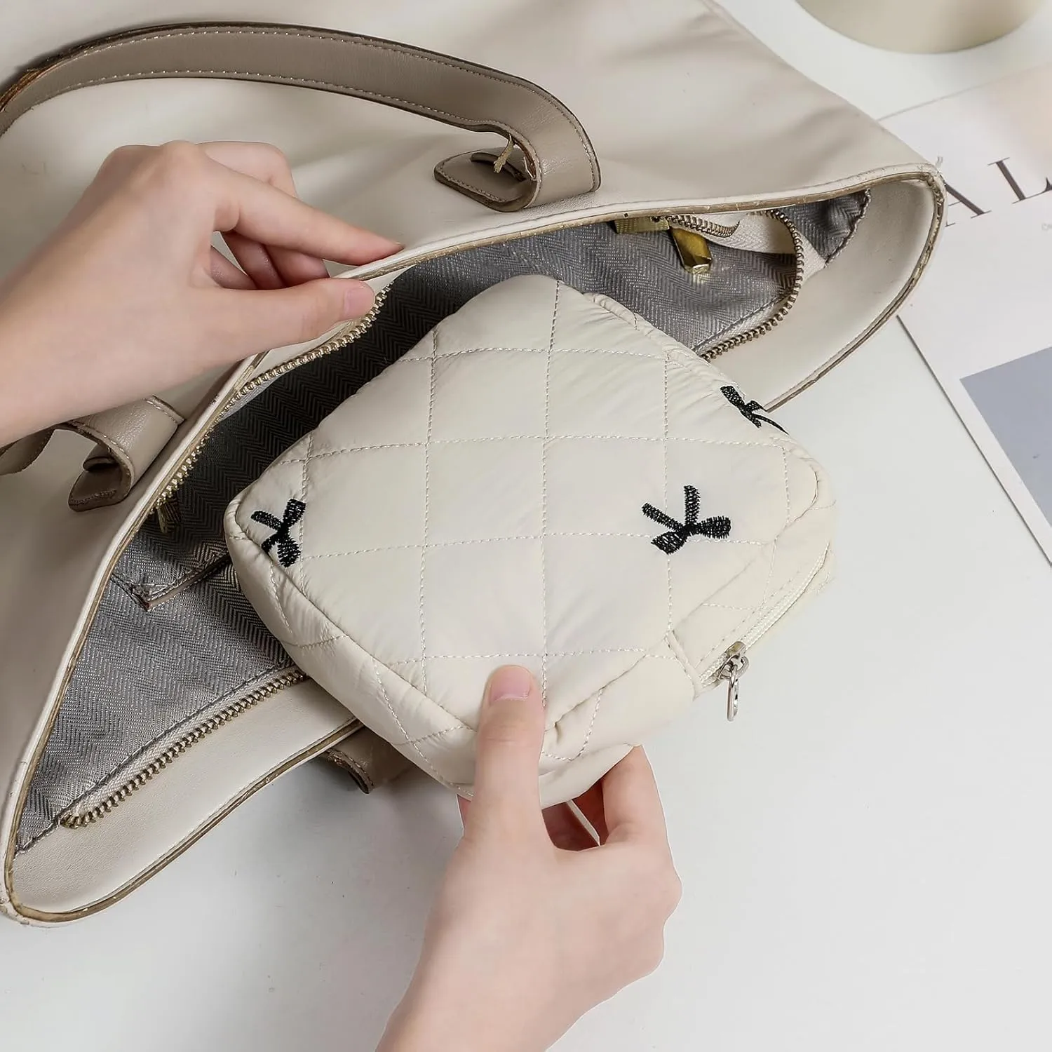 2Pcs Small Cotton Quilted Makeup Bag Set, Cute Coquette Drawstring Cosmetic Bag with Canvas Lining, Aesthetic Travel Organized Toiletry Bags for Purse (01Beige Bows)