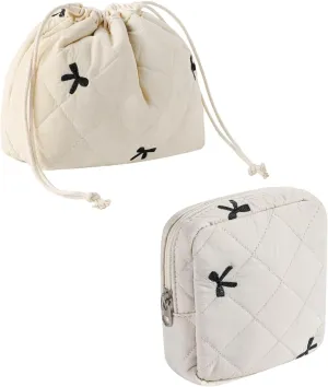 2Pcs Small Cotton Quilted Makeup Bag Set, Cute Coquette Drawstring Cosmetic Bag with Canvas Lining, Aesthetic Travel Organized Toiletry Bags for Purse (01Beige Bows)