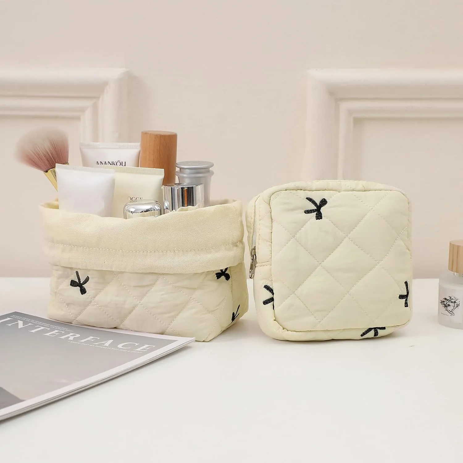 2Pcs Small Cotton Quilted Makeup Bag Set, Cute Coquette Drawstring Cosmetic Bag with Canvas Lining, Aesthetic Travel Organized Toiletry Bags for Purse (01Beige Bows)