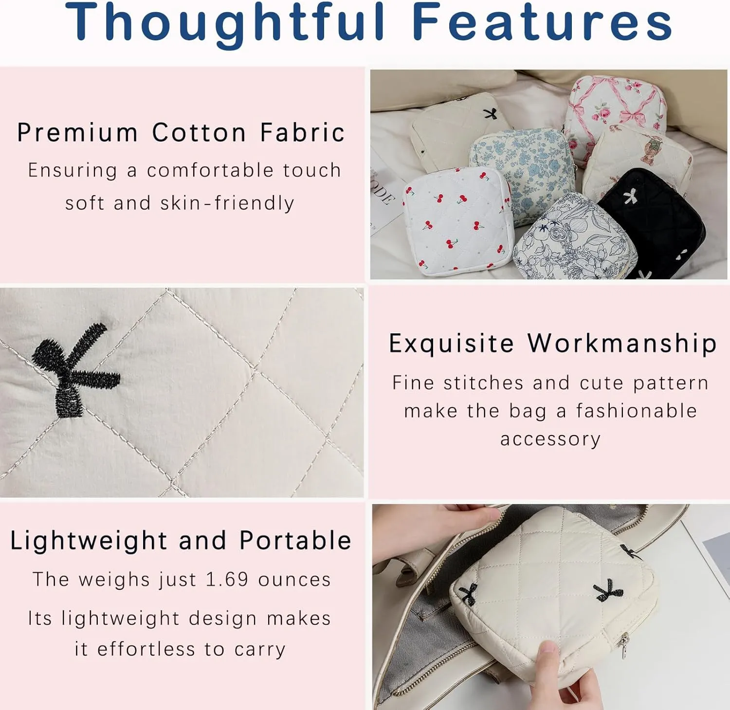 2Pcs Small Cotton Quilted Makeup Bag Set, Cute Coquette Drawstring Cosmetic Bag with Canvas Lining, Aesthetic Travel Organized Toiletry Bags for Purse (01Beige Bows)