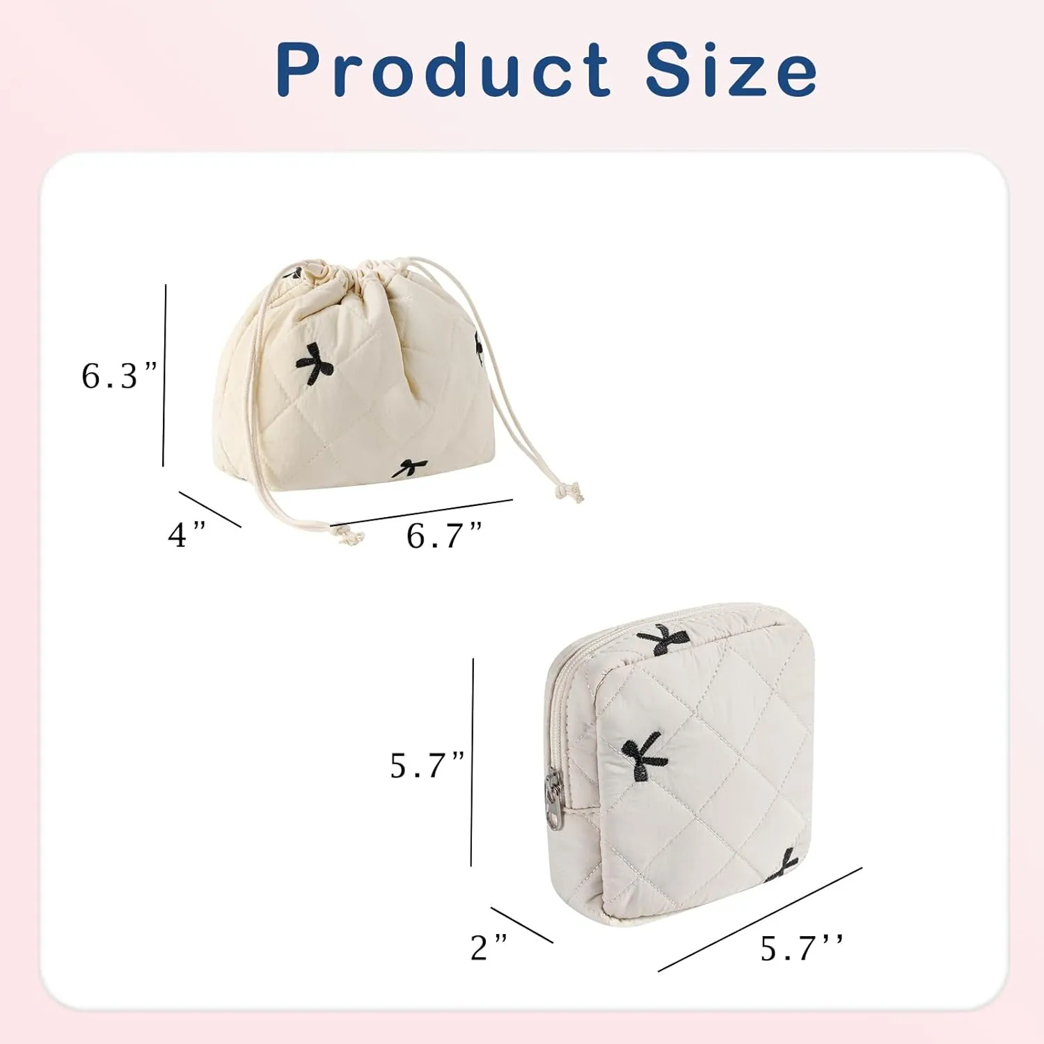 2Pcs Small Cotton Quilted Makeup Bag Set, Cute Coquette Drawstring Cosmetic Bag with Canvas Lining, Aesthetic Travel Organized Toiletry Bags for Purse (01Beige Bows)