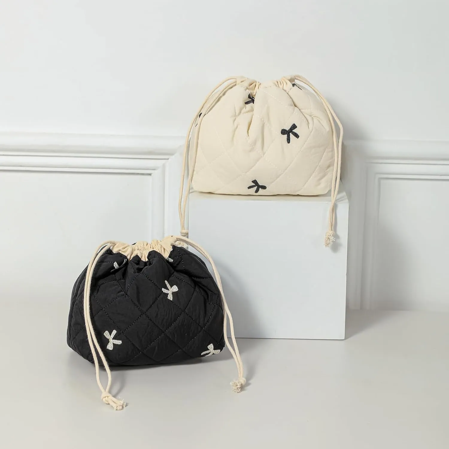 2Pcs Small Cotton Quilted Makeup Bag Set, Cute Coquette Drawstring Cosmetic Bag with Canvas Lining, Aesthetic Travel Organized Toiletry Bags for Purse (01Beige Bows)