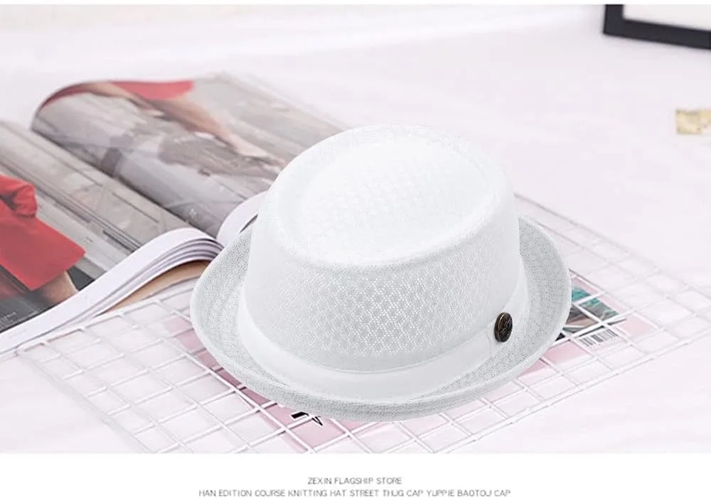 2Pcs Summer Mesh Pork Pie Hat Beach Party Fedora Cap Boater Porkpie Breaking Bad Flat Hat for Men Women Straw