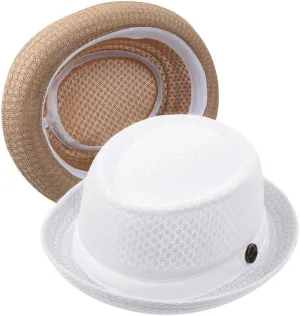2Pcs Summer Mesh Pork Pie Hat Beach Party Fedora Cap Boater Porkpie Breaking Bad Flat Hat for Men Women Straw