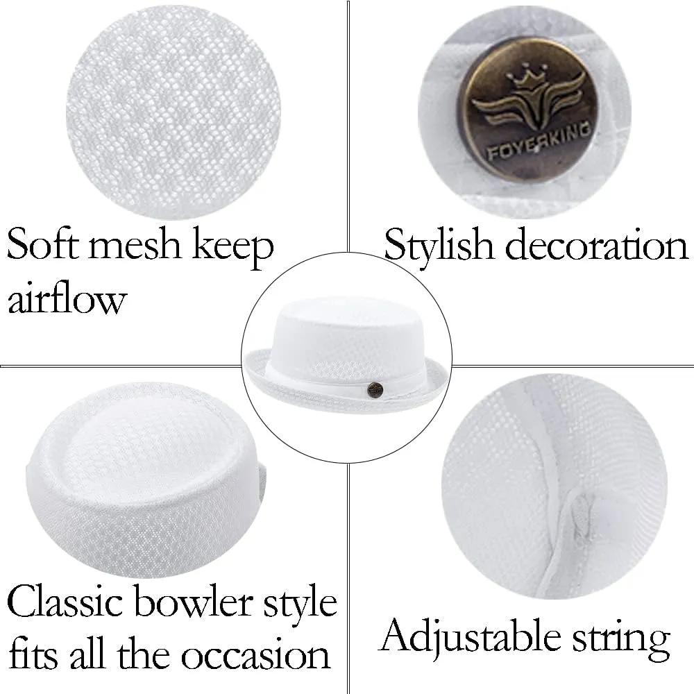 2Pcs Summer Mesh Pork Pie Hat Beach Party Fedora Cap Boater Porkpie Breaking Bad Flat Hat for Men Women Straw