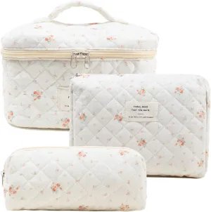 3 Pcs Cotton Quilted Makeup Bag, Large Aesthetic Cosmetic Bag Set Cute Flower Travel Toiletry Bag Makeup Brushes Storage Bag Trendy Makeup Organizer Bag for Women Girls (White Flower Set)