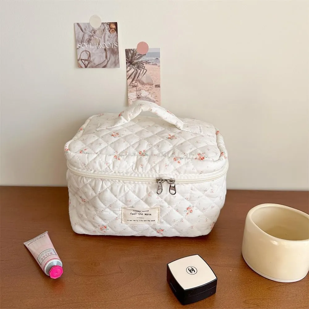 3 Pcs Cotton Quilted Makeup Bag, Large Aesthetic Cosmetic Bag Set Cute Flower Travel Toiletry Bag Makeup Brushes Storage Bag Trendy Makeup Organizer Bag for Women Girls (White Flower Set)