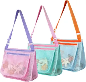 3 Pcs Seashell Collecting Bag for Kids,Beach Mesh Bag with Adjustable Shoulder Straps,Beach Bag Toys Swimming Accessories for Boys and Girls