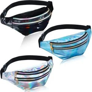 3 Pieces Holographic Fanny Pack for Women Men Kids, Metallic Color Sport Waistbag with Pouches and Adjustable Belt, Hologram PU Waist Pack for Traveling, Running, Partying (Light Blue, Black, Silver)