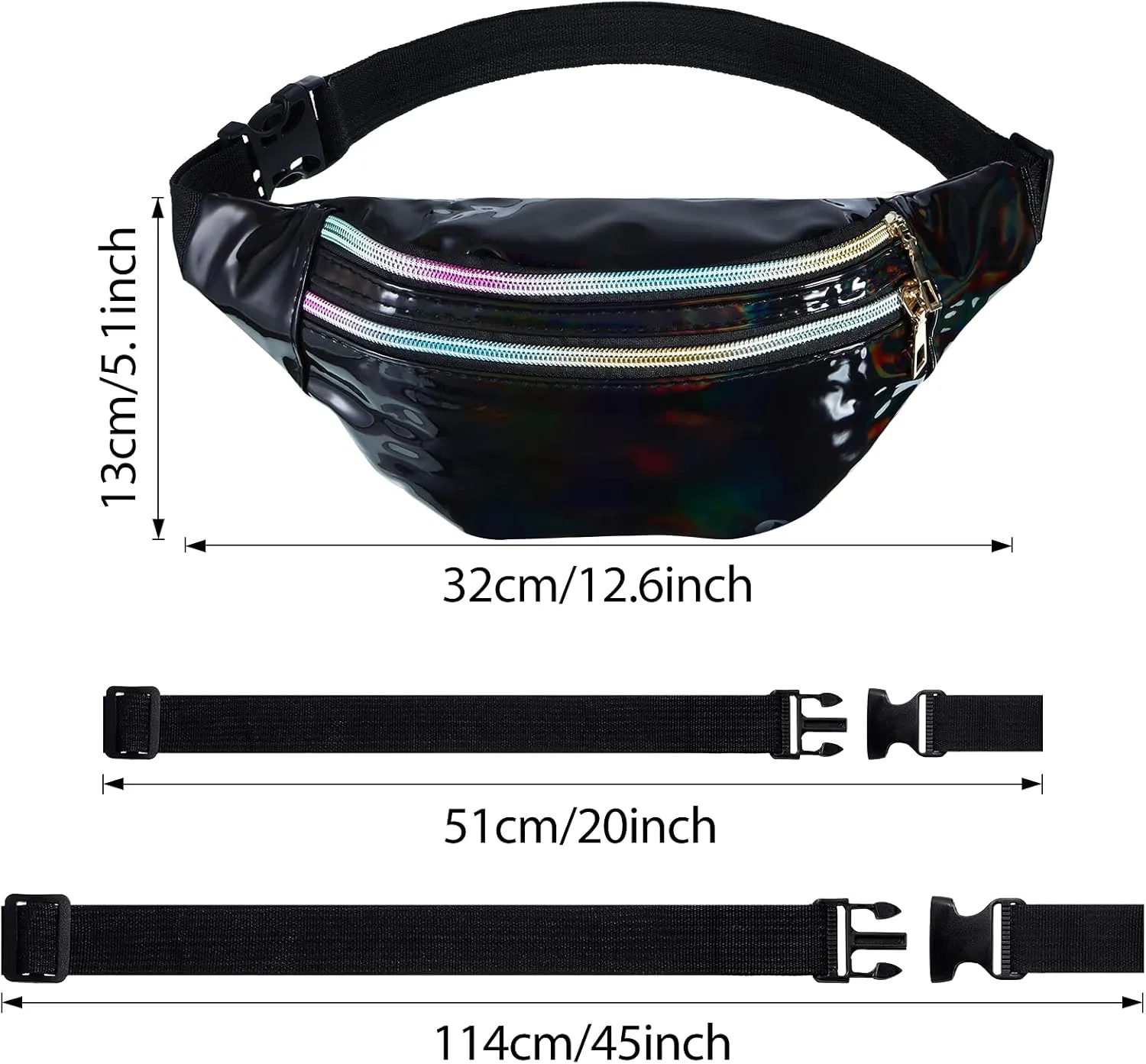 3 Pieces Holographic Fanny Pack for Women Men Kids, Metallic Color Sport Waistbag with Pouches and Adjustable Belt, Hologram PU Waist Pack for Traveling, Running, Partying (Light Blue, Black, Silver)