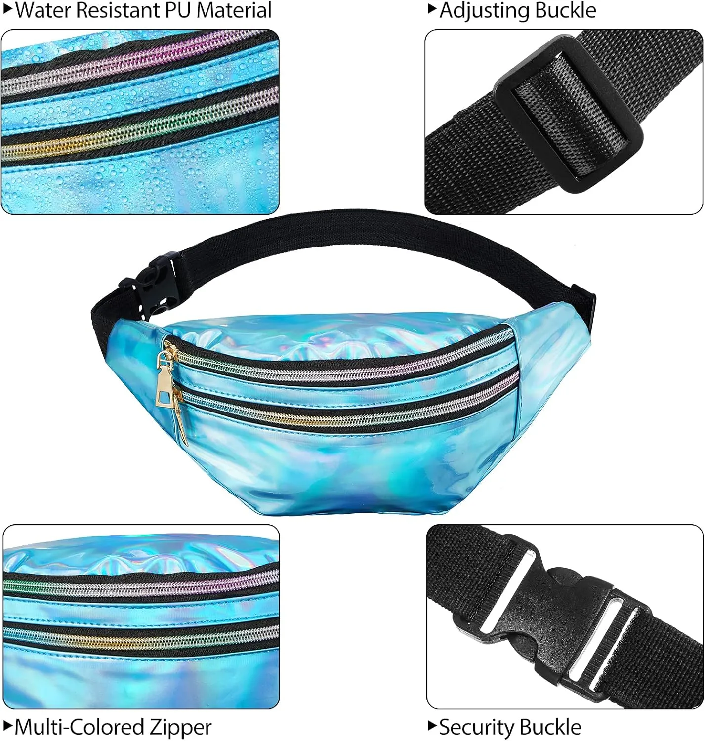3 Pieces Holographic Fanny Pack for Women Men Kids, Metallic Color Sport Waistbag with Pouches and Adjustable Belt, Hologram PU Waist Pack for Traveling, Running, Partying (Light Blue, Black, Silver)