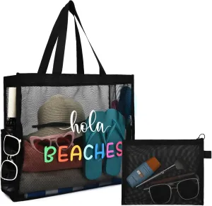 30L Large Beach Bag with Pouch Foldable Sandproof Lightweight Pool Mesh Tote Bag with Two Pockets for Swimming Travel