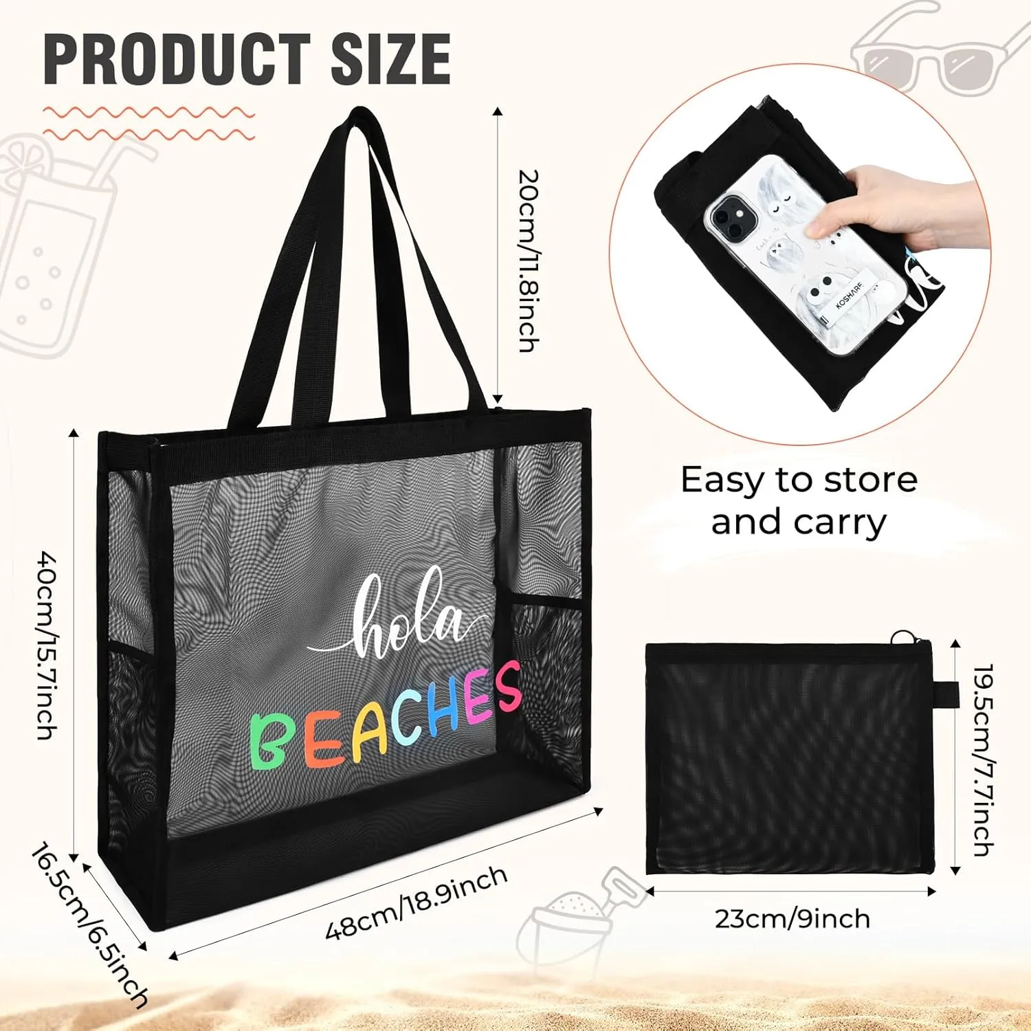 30L Large Beach Bag with Pouch Foldable Sandproof Lightweight Pool Mesh Tote Bag with Two Pockets for Swimming Travel