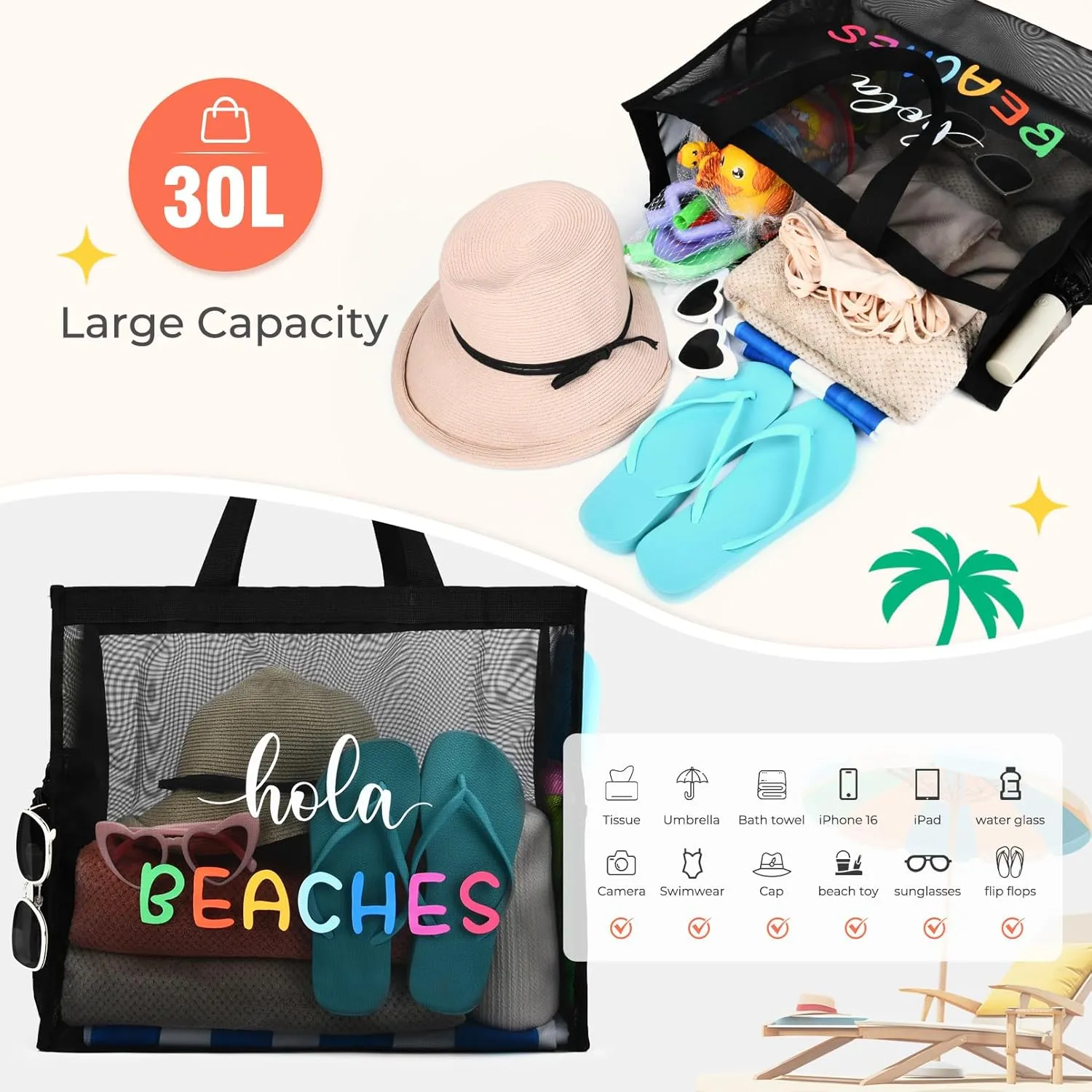 30L Large Beach Bag with Pouch Foldable Sandproof Lightweight Pool Mesh Tote Bag with Two Pockets for Swimming Travel