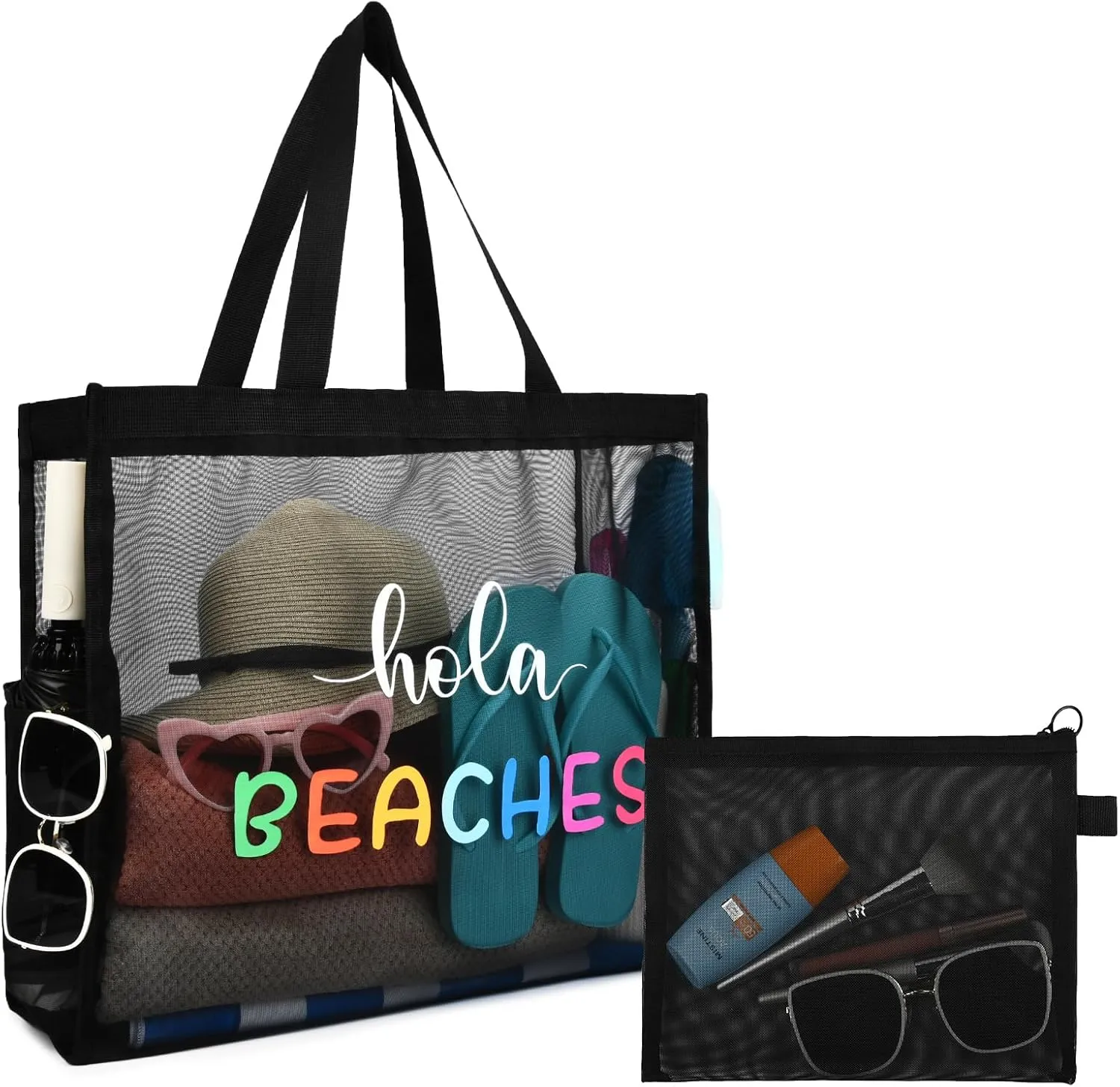 30L Large Beach Bag with Pouch Foldable Sandproof Lightweight Pool Mesh Tote Bag with Two Pockets for Swimming Travel