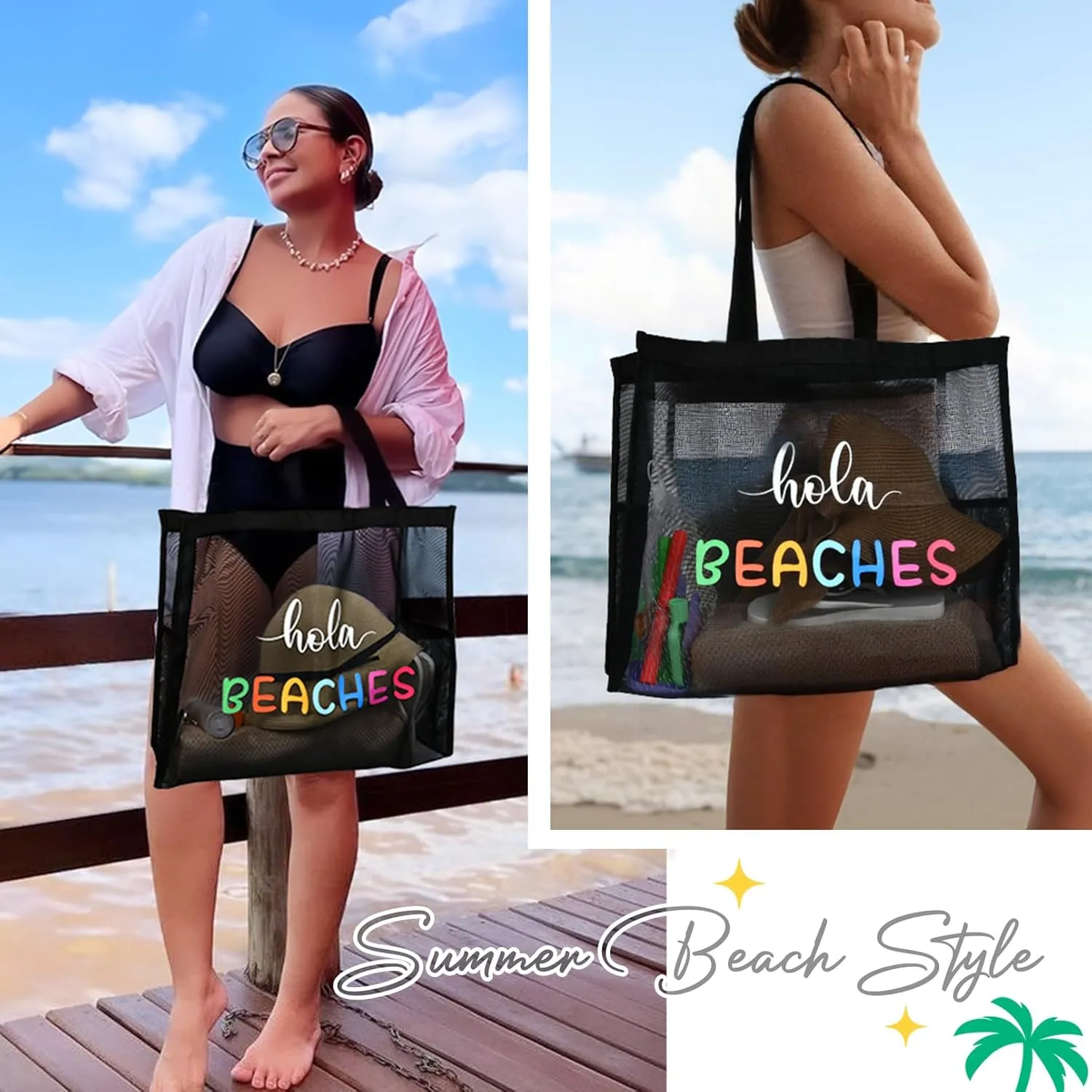 30L Large Beach Bag with Pouch Foldable Sandproof Lightweight Pool Mesh Tote Bag with Two Pockets for Swimming Travel
