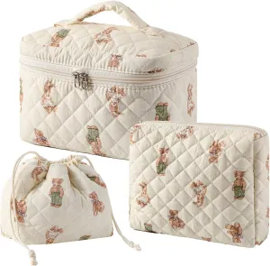 3pcs Large Cotton Quilted Makeup Bag Set,Coquette Aesthetic Cute Travel Toiletry Bag,Drawstring Gift Bag for Women and Girls(3Pcs White Bear)