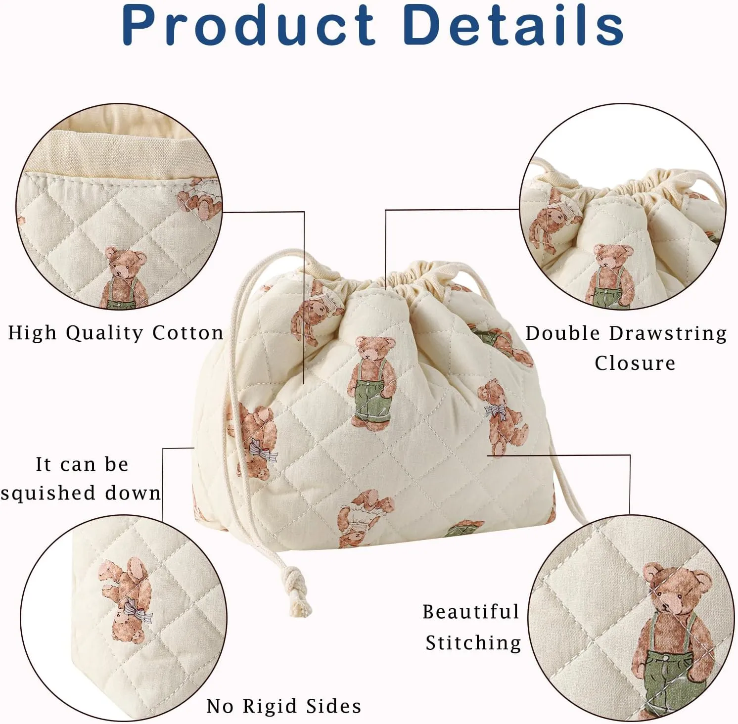 3pcs Large Cotton Quilted Makeup Bag Set,Coquette Aesthetic Cute Travel Toiletry Bag,Drawstring Gift Bag for Women and Girls(3Pcs White Bear)