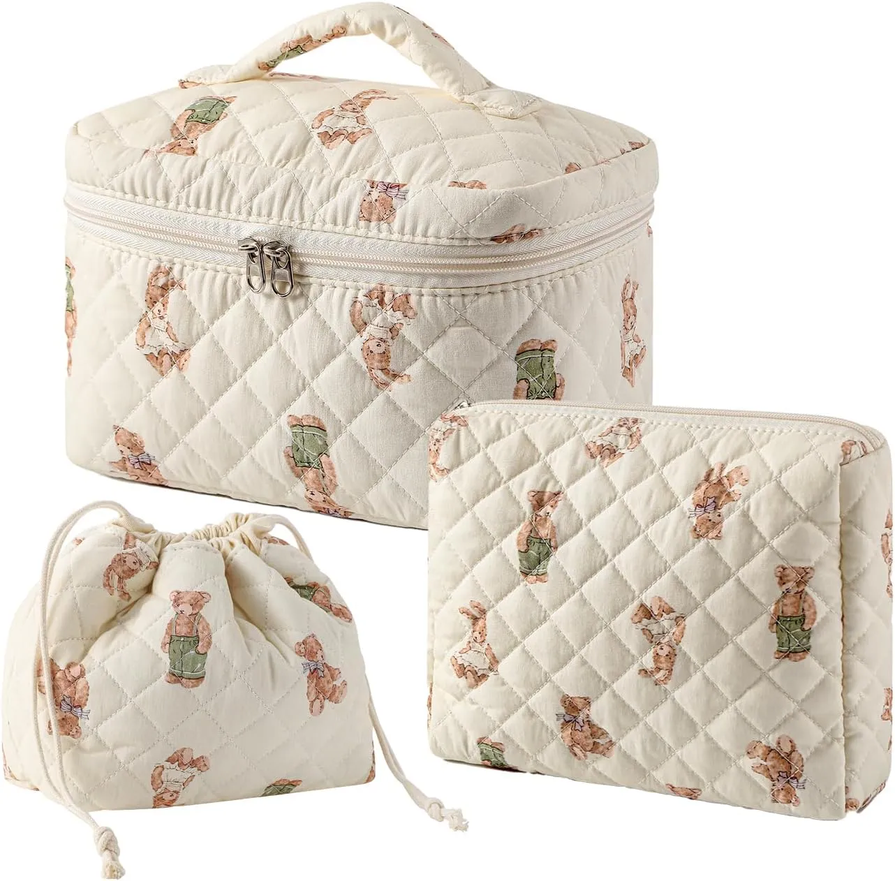 3pcs Large Cotton Quilted Makeup Bag Set,Coquette Aesthetic Cute Travel Toiletry Bag,Drawstring Gift Bag for Women and Girls(3Pcs White Bear)