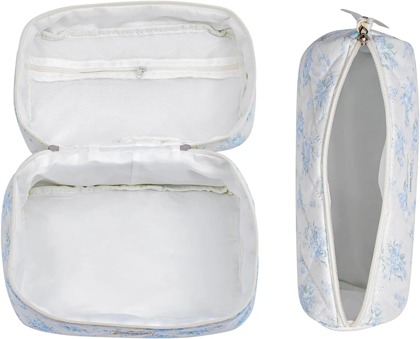 3pcs Large Cotton Quilted Makeup Bag Set,Coquette Aesthetic Cute Travel Toiletry Bag,Drawstring Gift Bag for Women and Girls(3Pcs White Bear)