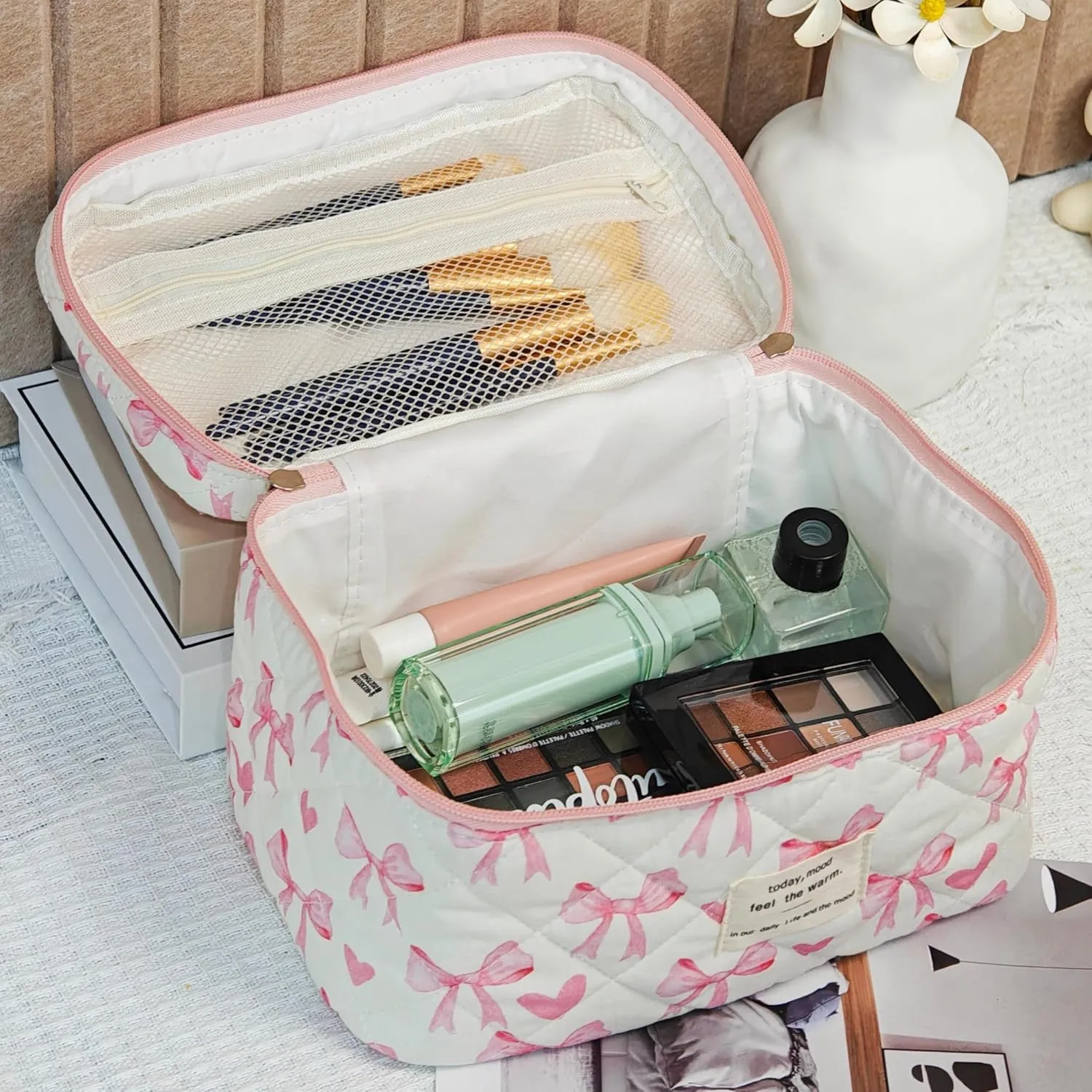 3Pcs Quilted Makeup Bag, Cute Floral Cotton Cosmetic Bag set, Coquette Bow Makeup Pouch Large Travel Toiletry Bag