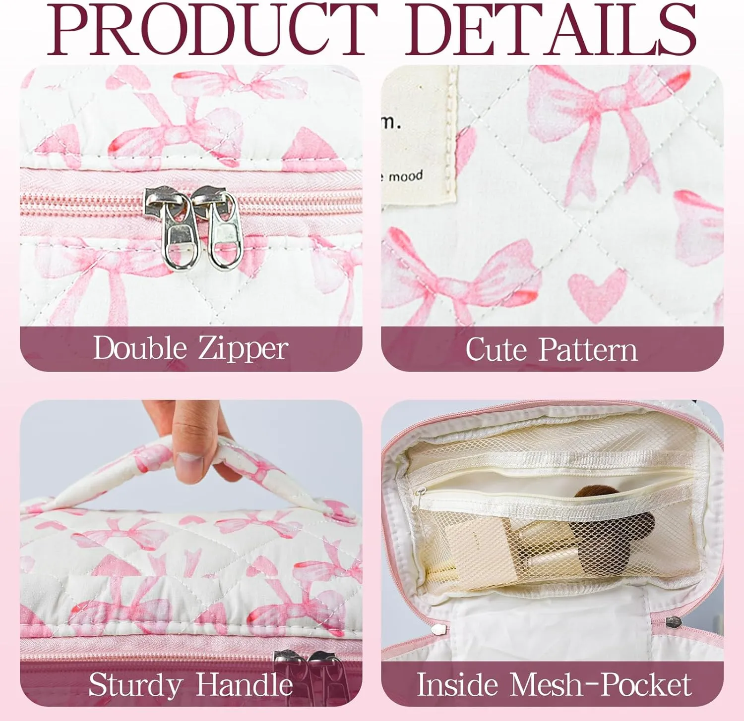 3Pcs Quilted Makeup Bag, Cute Floral Cotton Cosmetic Bag set, Coquette Bow Makeup Pouch Large Travel Toiletry Bag