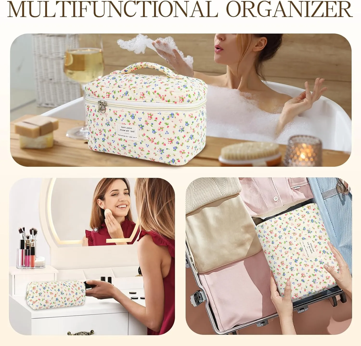 3Pcs Travel Makeup Bag Organizer, Toiletry Bag for Women, Cosmetic Bags for Women Travel Set, Cute Makeup Bags, Quilted Cosmetic Bag, Women's Quilted Toiletry Bag Storage