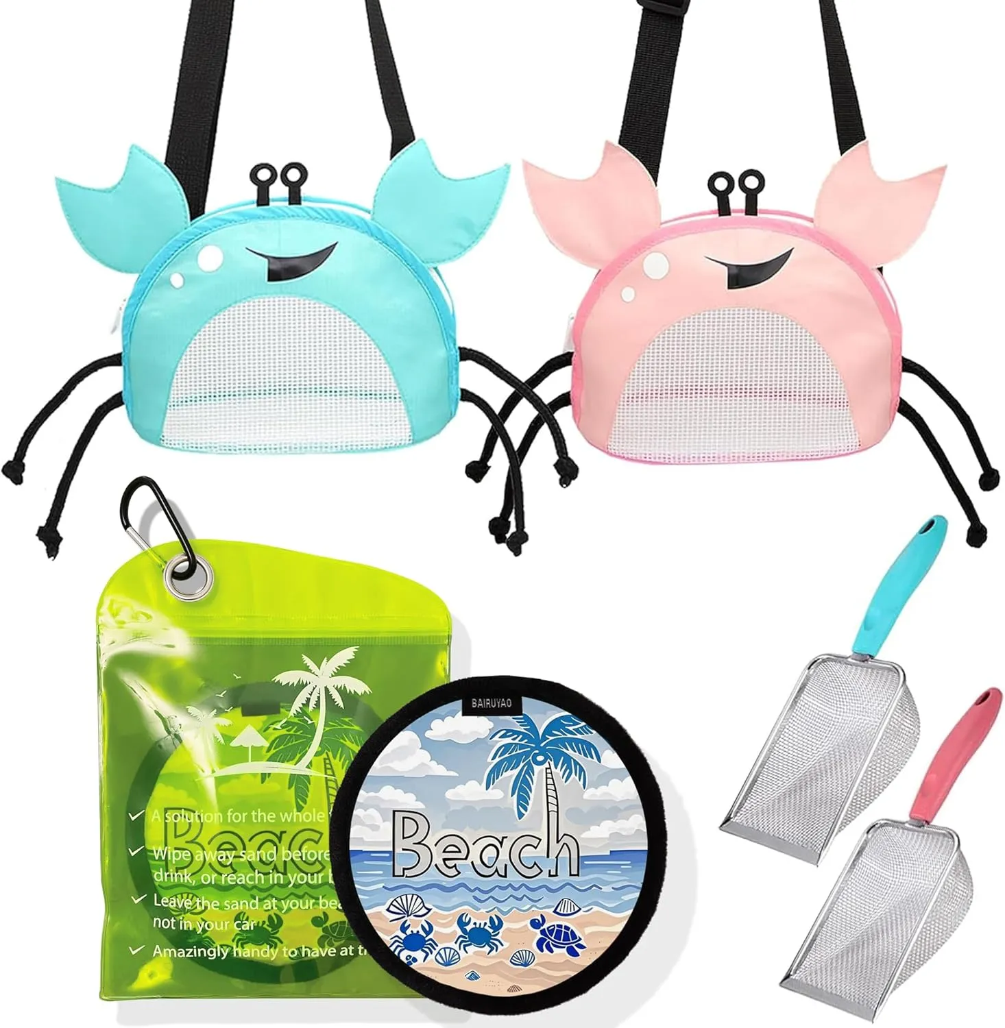 4PCS Beach Toy Mesh Shovel and Mesh Beach Bag and Beach Sand Remover Bag