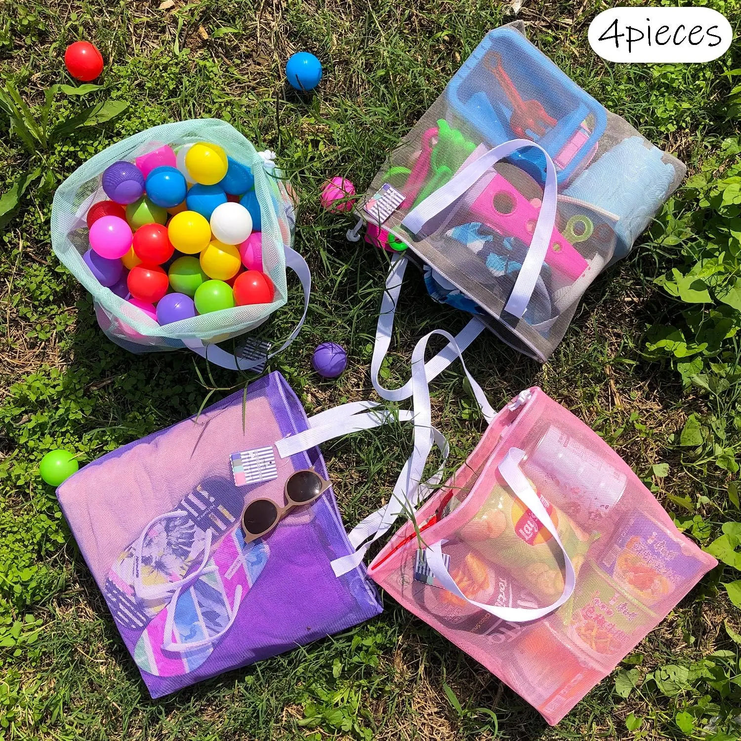 4Pieces Cute Mesh Pool Tote Bags,Mesh Beach Bags With Drawsting For Swim,Travel,Party