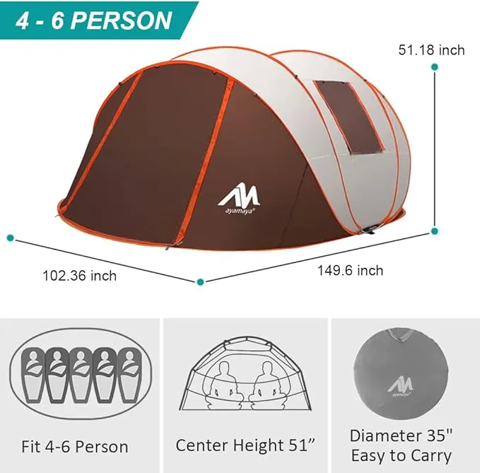 6 Person Easy Pop Up Tents for Camping - AYAMAYA Double Layer Waterproof Instant Tent with Vestibule & Porch, Large Size Family Tent Automatic Setup for 4-6 People Camping Hiking (Poles Included)