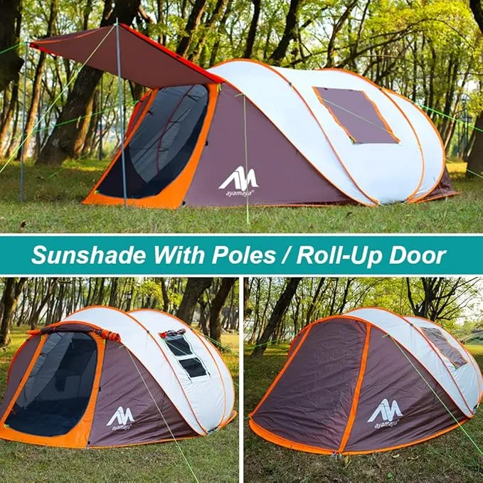 6 Person Easy Pop Up Tents for Camping - AYAMAYA Double Layer Waterproof Instant Tent with Vestibule & Porch, Large Size Family Tent Automatic Setup for 4-6 People Camping Hiking (Poles Included)