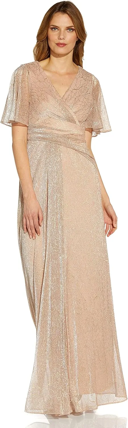 Adrianna Papell Women's Metallic Mesh Draped Gown